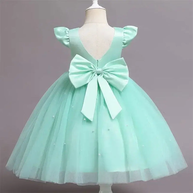 Pink Flower Girl Dresses Cute Bow Short Sleeve Princess Dresses for Formal Wedding Kid Birthday Party Banquet Elegant Girls Gown