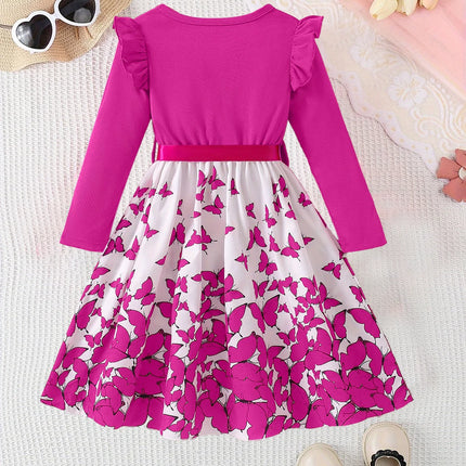 Autumn Girls' Casual And Fashionable Rose-Pink Butterfly Pattern Round-Neck Ruffled Long-Sleeved Dress