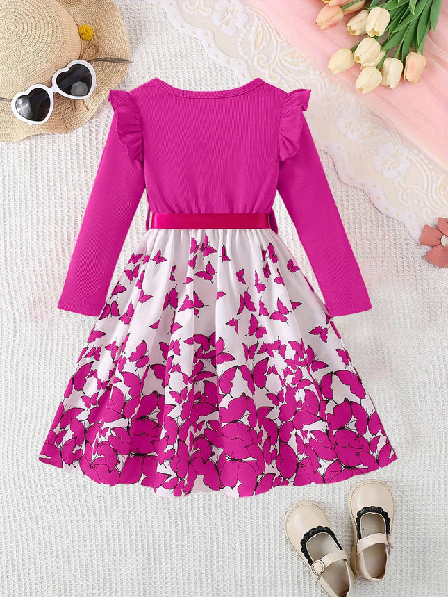 Autumn Girls' Casual And Fashionable Rose-Pink Butterfly Pattern Round-Neck Ruffled Long-Sleeved Dress