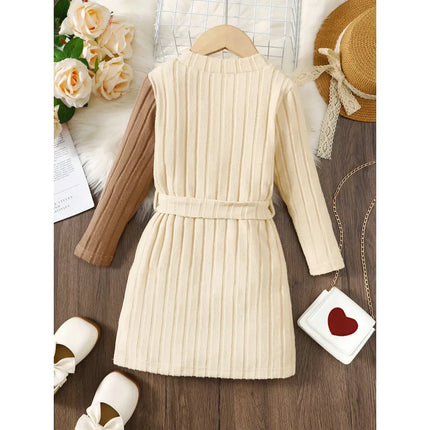 Kids Girls Knitted Dress Patchwork Long Sleeved Dress with Belt Fashion Elegant Casual Party Clothes For Children 4-7 Years