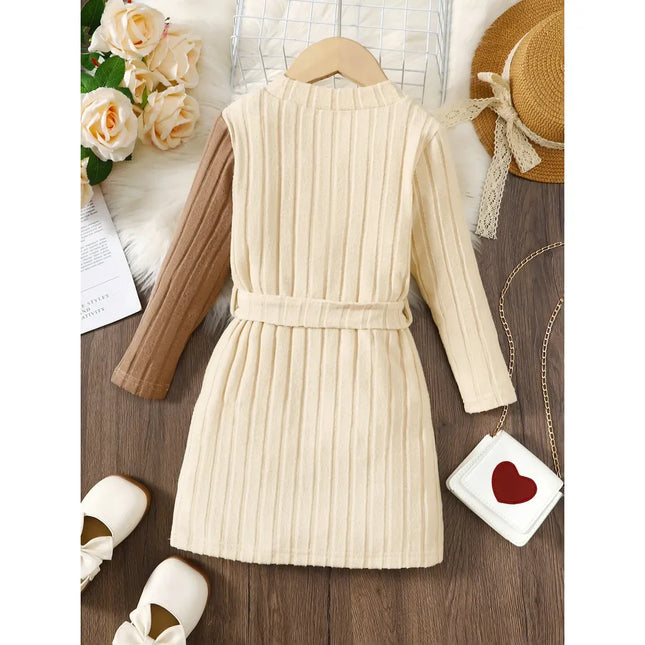 Kids Girls Knitted Dress Patchwork Long Sleeved Dress with Belt Fashion Elegant Casual Party Clothes For Children 4-7 Years