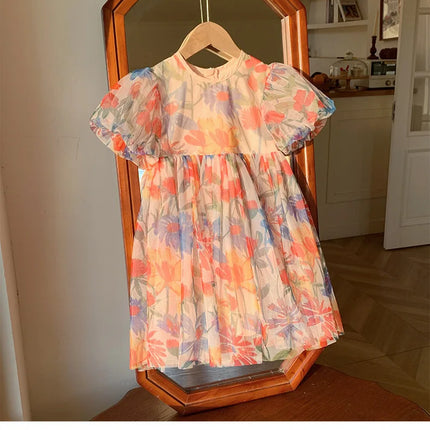 2025 Summer Kids Clothes Puff Sleeve Flower Print Dress For Girls Mesh Kids Dress for Girl