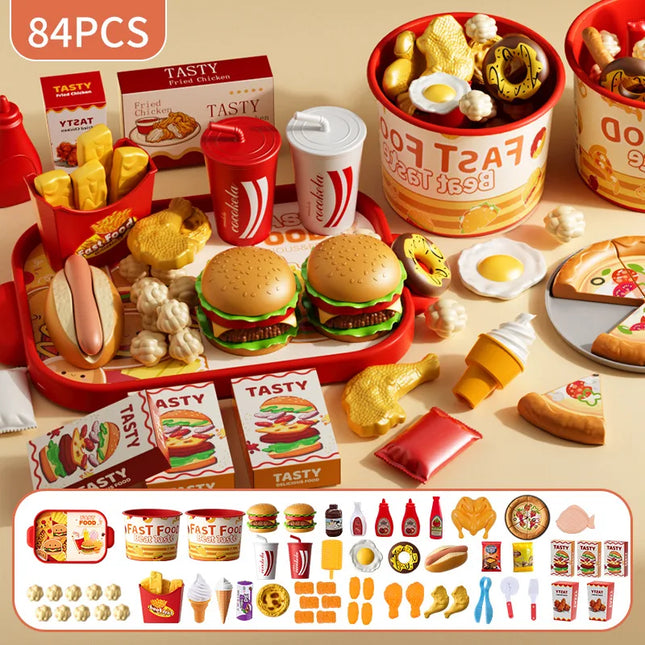 Kid Kitchen Toy Set Simulation Make Hamburger Pizza Fries Pretend Play Food Cooking Cutting Game Montessori Interactive Toy Gift