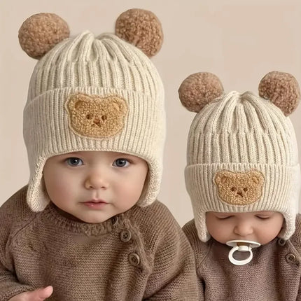 Winter Baby Beanie Cartoon Bear Ear Protection Knitted Hat, Suitable for Toddling Boys and Girls