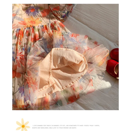2025 Summer Kids Clothes Puff Sleeve Flower Print Dress For Girls Mesh Kids Dress for Girl