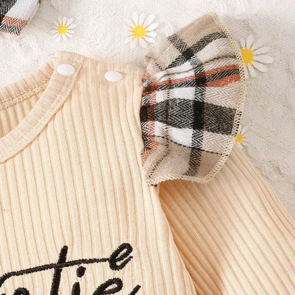 Baby Girl Slogan Graphic Ruffle Trim Bodysuit & Plaid Bow Front Flare Leg Pants & Headband