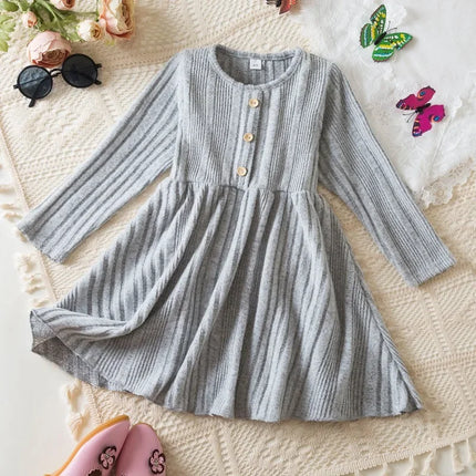 Baby Girl Button Front Solid Rib Knit Long-sleeve Dress Soft and Comfortable Perfect for Outings Daily Casual Wear Kids Clothes