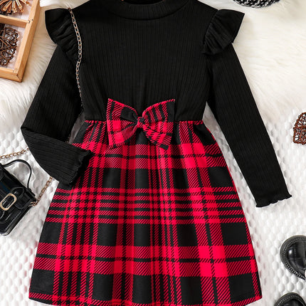 Spring & Autumn Kids Cute Fashion dress Girls Casual Solid color round neck wing sleeve shirt Red plaid skirt ceremonial dress s