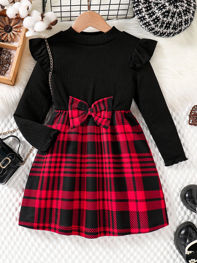 Spring & Autumn Kids Cute Fashion dress Girls Casual Solid color round neck wing sleeve shirt Red plaid skirt ceremonial dress s