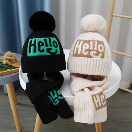 2Pcs/Set Children's Hat and Scarf Set for Boys and Girls Winter Warmth Cotton Lining Wool Knit Hats Baby Two-Piece Hat Set