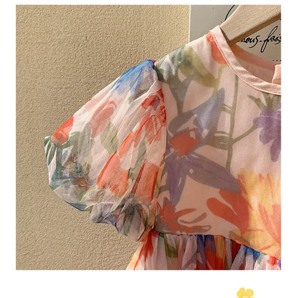 2025 Summer Kids Clothes Puff Sleeve Flower Print Dress For Girls Mesh Kids Dress for Girl