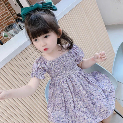 Summer 0-6T Baby Girl Vacation Style Bubble Sleeves Sweet Princess Skirt Flower Print Dress For Girls