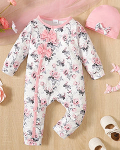 2pcs Baby Girls Cute Floral Graphic Print Bowknot Long Sleeve Romper & Hat Set Clothes MylesMerchandise
