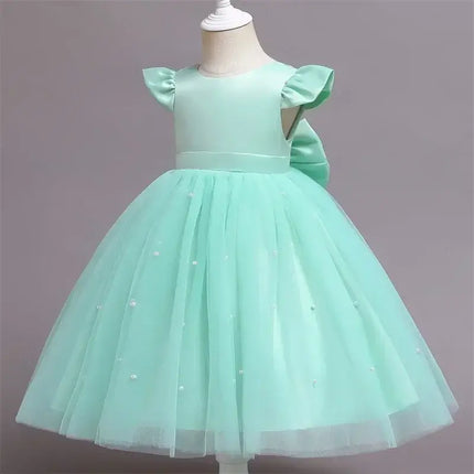 Pink Flower Girl Dresses Cute Bow Short Sleeve Princess Dresses for Formal Wedding Kid Birthday Party Banquet Elegant Girls Gown