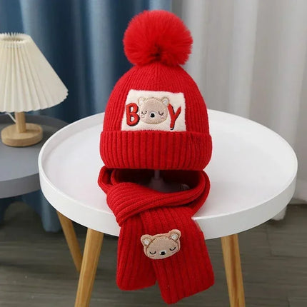 2Pcs/Set Children's Hat and Scarf Set for Boys and Girls Winter Warmth Cotton Lining Wool Knit Hats Baby Two-Piece Hat Set