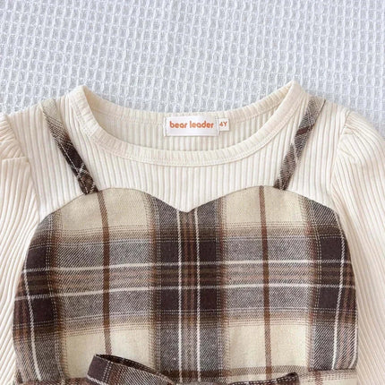 Korean Version Long Sleeved Shirt Fake Two-piece with Belt+Print Hat Outfits 3-7 Years Old Autumn New Plaid Girls Casual Dresses