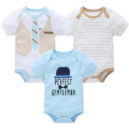 3 Pcs/set Baby Boy Clothes Summer 100%Cotton Blue Grey Tie Print Three Piece Short Sleeve Bodysuit vetements bebe For 0-12M