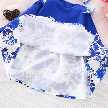 (6 Months -3 Years Old) Spring And Autumn New Blue Flower Baby Girl Dress, Chinese Retro Style Children'S Long Sleeve Clothes