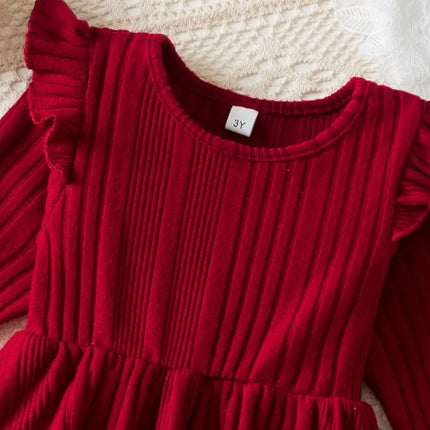 Baby Girl Button Front Solid Rib Knit Long-sleeve Dress Soft and Comfortable Perfect for Outings Daily Casual Wear Kids Clothes