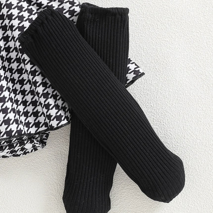 Baby girl's summer fashion cute herringbone plaid pattern round neck button decoration fly sleeve plaid skirt jumpsuit and black