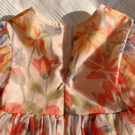 2025 Summer Kids Clothes Puff Sleeve Flower Print Dress For Girls Mesh Kids Dress for Girl