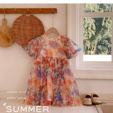 2025 Summer Kids Clothes Puff Sleeve Flower Print Dress For Girls Mesh Kids Dress for Girl