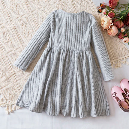 Baby Girl Button Front Solid Rib Knit Long-sleeve Dress Soft and Comfortable Perfect for Outings Daily Casual Wear Kids Clothes
