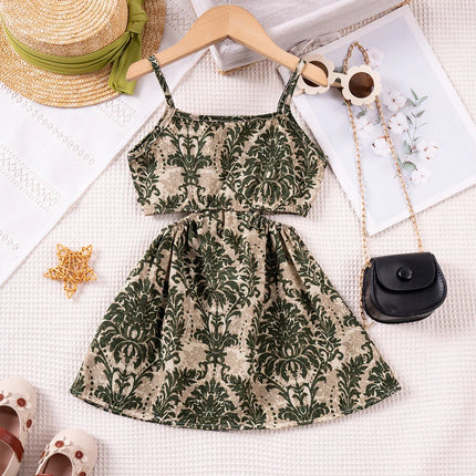 1 - 7 Y Baby Girls' Sling Cut - Out Vintage Floral Print Dress - Stylish & Breathable Summer Outfit for Kids Girls Dress
