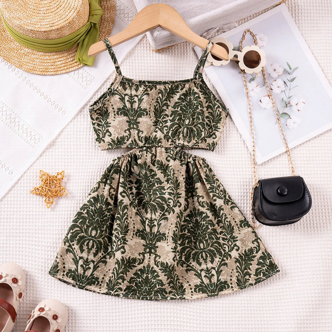 1 - 7 Y Baby Girls' Sling Cut - Out Vintage Floral Print Dress - Stylish & Breathable Summer Outfit for Kids Girls Dress