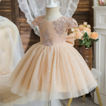 Baby Girls Dresses for 1st Birthday Party Backless Embroidery Elegant Big Bow Wedding Tutu Gown Girls Pink Formal Gala Costume