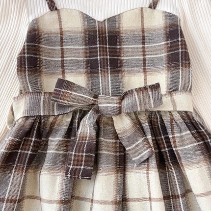 Korean Version Long Sleeved Shirt Fake Two-piece with Belt+Print Hat Outfits 3-7 Years Old Autumn New Plaid Girls Casual Dresses