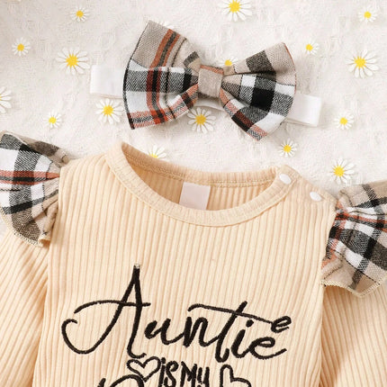 Baby Girl Slogan Graphic Ruffle Trim Bodysuit & Plaid Bow Front Flare Leg Pants & Headband