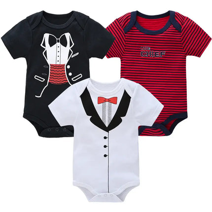 3 Pcs/set Baby Boy Clothes Summer 100%Cotton Blue Grey Tie Print Three Piece Short Sleeve Bodysuit vetements bebe For 0-12M