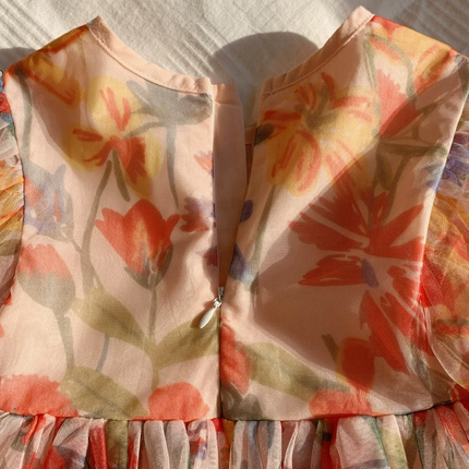 2025 Summer Kids Clothes Puff Sleeve Flower Print Dress For Girls Mesh Kids Dress for Girl