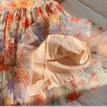 2025 Summer Kids Clothes Puff Sleeve Flower Print Dress For Girls Mesh Kids Dress for Girl