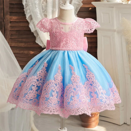 Baby Girls Dresses for 1st Birthday Party Backless Embroidery Elegant Big Bow Wedding Tutu Gown Girls Pink Formal Gala Costume