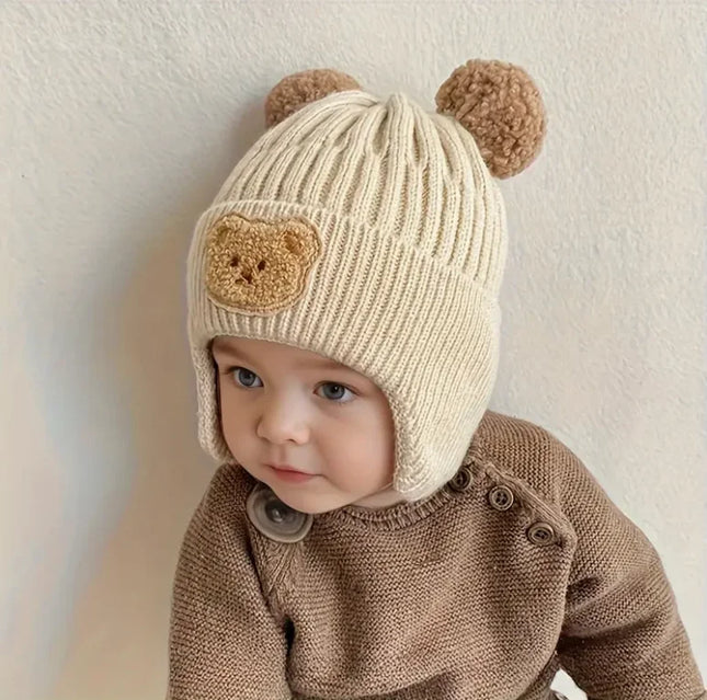 Winter Baby Beanie Cartoon Bear Ear Protection Knitted Hat, Suitable for Toddling Boys and Girls
