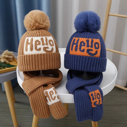 2Pcs/Set Children's Hat and Scarf Set for Boys and Girls Winter Warmth Cotton Lining Wool Knit Hats Baby Two-Piece Hat Set