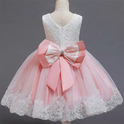 Baby Girls Dresses for 1st Birthday Party Backless Embroidery Elegant Big Bow Wedding Tutu Gown Girls Pink Formal Gala Costume
