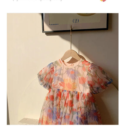 2025 Summer Kids Clothes Puff Sleeve Flower Print Dress For Girls Mesh Kids Dress for Girl