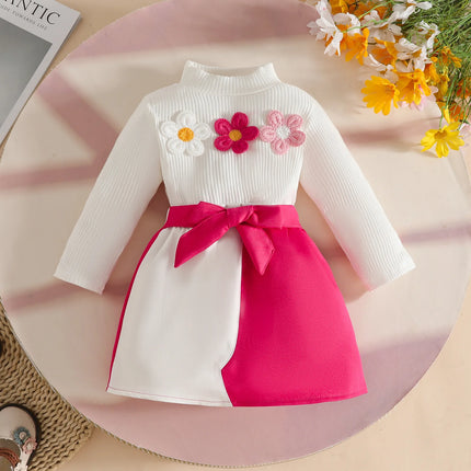 Baby Girl Outfit Set 0 - 3Y Baby Clothing Mock Neck Flower Applique Ribbed Top and Color Block Bow Skirt Cute Casual Party Wear