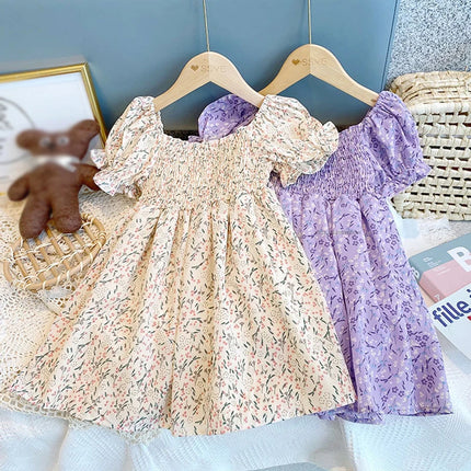 Summer 0-6T Baby Girl Vacation Style Bubble Sleeves Sweet Princess Skirt Flower Print Dress For Girls