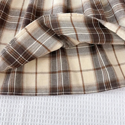 Korean Version Long Sleeved Shirt Fake Two-piece with Belt+Print Hat Outfits 3-7 Years Old Autumn New Plaid Girls Casual Dresses