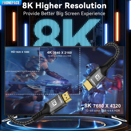 8K HDMI Cable High Speed Hdmi Cables Braided Nylon & Gold Connectors HDMI2.1 4K @ 120Hz 8K@60Hz for Laptop PS5 Xbox HDTV