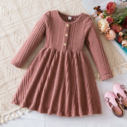 Baby Girl Button Front Solid Rib Knit Long-sleeve Dress Soft and Comfortable Perfect for Outings Daily Casual Wear Kids Clothes