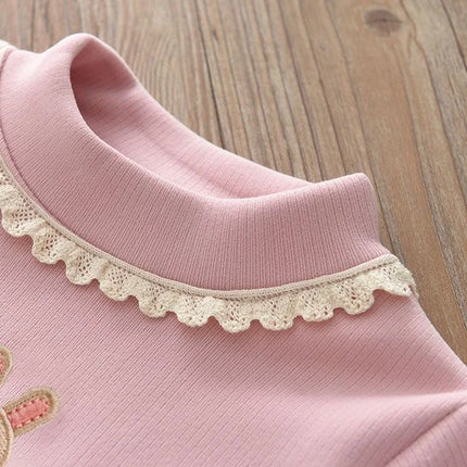 1pcs Children's T-Shirts Rabbit Embroidery Velvet warm top Kids Half High Collar Long Sleeve Base Shirt Girls Tshirts Clothes