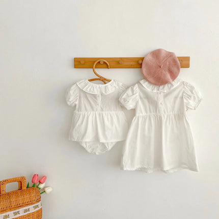 Summer Sister Baby Girl Clothes Embroidery Lace Floral Toddler Girls Ruffled Dress Newborn Infant Baby Romper 2Pcs Suit Korea