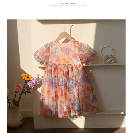2025 Summer Kids Clothes Puff Sleeve Flower Print Dress For Girls Mesh Kids Dress for Girl