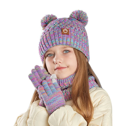 3Pcs Winter Kids Hat Set for Girls Boys Warm Knitted Children Beanie Scarf Gloves Fleece Lining Pompom Children Cap 4-10Y