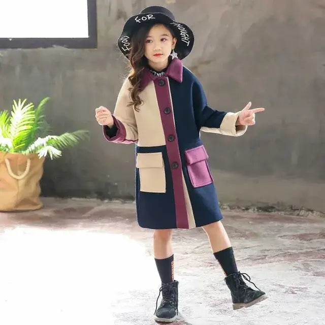 Winter Woolen Coat for Girl Thick Jacket Toddler Girls Plaid Outerwear Kids Clothes Autumn England Teenage Trench School Uniform